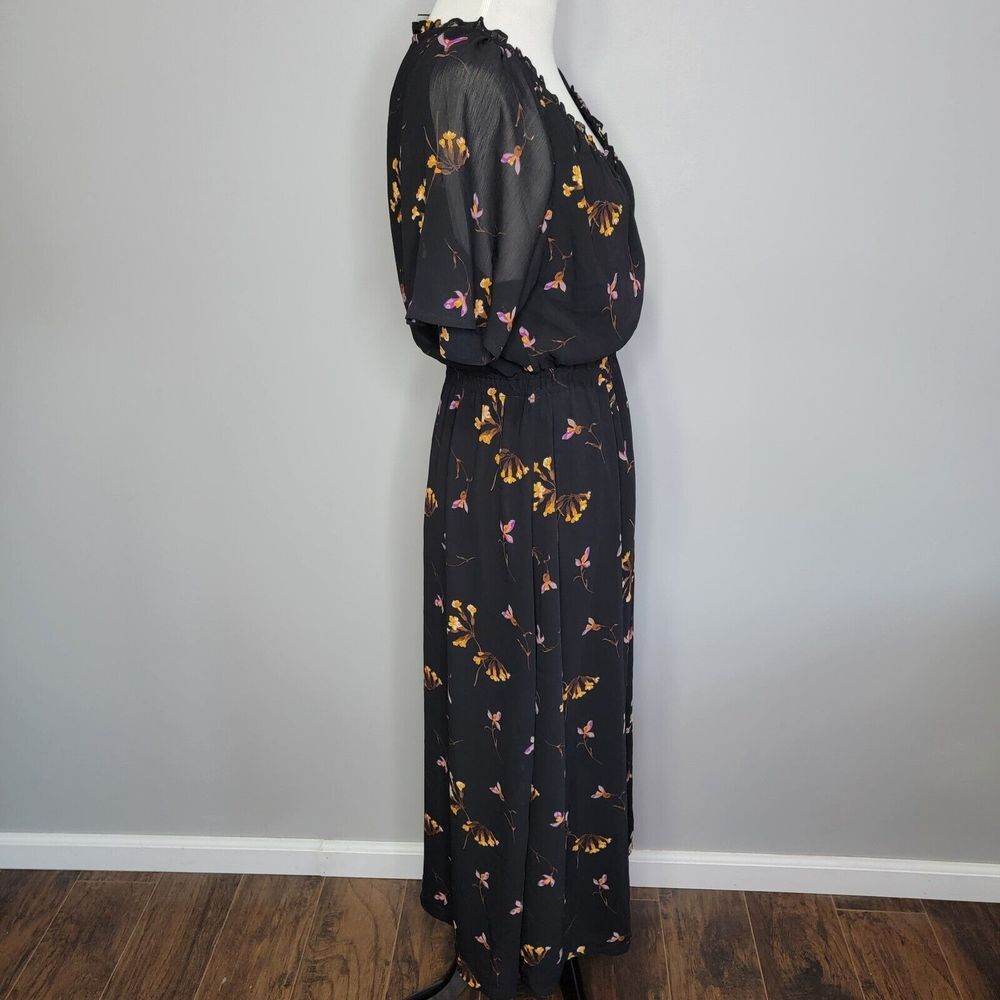 Madewell Black Floral V-Neck Dolman Sleeve Lined Midi Dress Size‎ XS - Picture 3 of 8